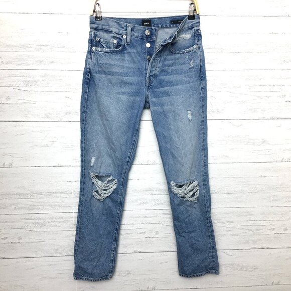 Edwin Women's Jeans Classic Straight Leg Button Fly Distressed size 25 length 29 - Picture 1 of 9